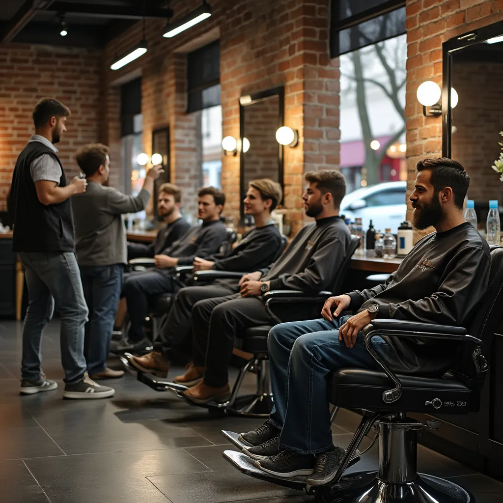 Clientes descontraídos a conversar dentro da barbearia