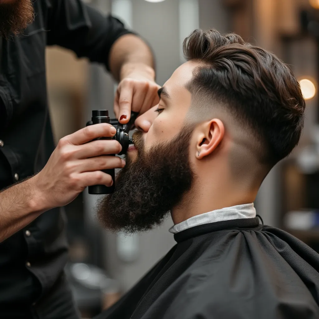 Barbeiro a aplicar produtos para barba