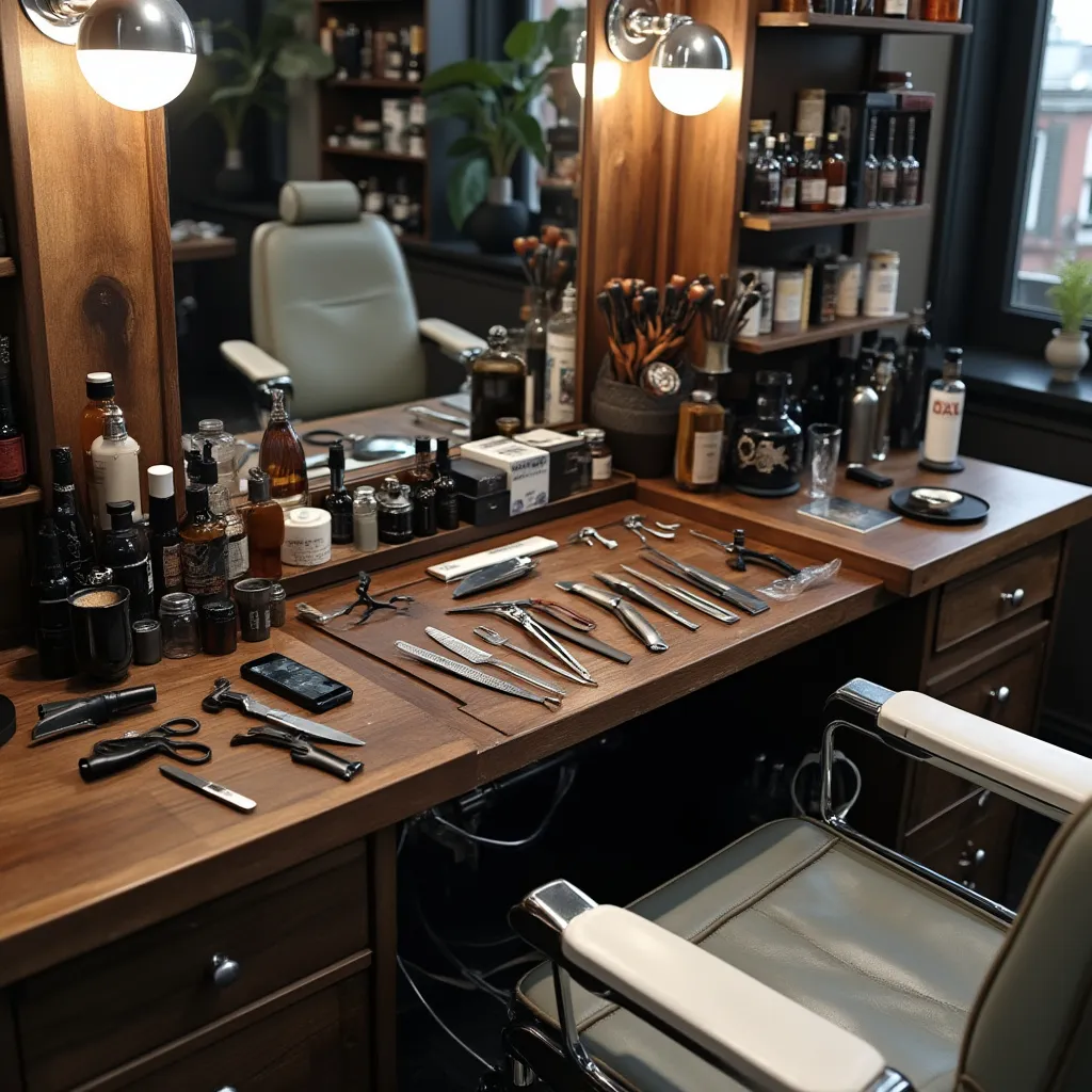 Mesa com ferramentas clássicas de barbearia